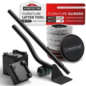 lot 32878 image: X-Protector Multi-Surface Furniture Sliders & Furniture Lifter Tool Set - 4 PCS 5 Sliders for Furniture with Furniture Jack. Move Your Furniture Easily with Furniture Movers for Hard Floors & Carpets - Retail $20