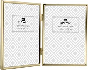 lot 32886 image: YiPinYin 5x7 Hinged Double Simply Gold Metal Picture Frames, Elegant Narrow Plated Metal Photo Frames 5x7 With Soft Touch Velvet Backing for Desktop - Retail $20