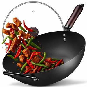 lot 32895 image: Wok, 13 Inch carbon steel woks & stir-fry pans nonstick, Pre-Seasoned 5.8QT Flat Bottom Chinese Wok Paella Pan with lid, Carbon Steel Cookware, Compatible with All Cooktops - Retail $49