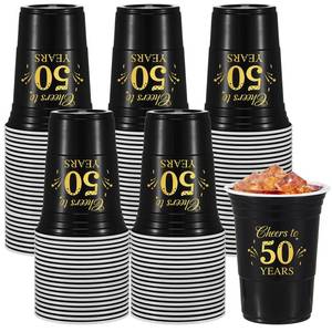 lot 32901 image: Ziliny 50 Pack 50th Birthday Decorations Birthday Cups 16 oz Disposable Plastic Gold and Black Cheers to 50 Years Cups for Men Women Hot Cold Drinks for Wedding Anniversary Supplies - Retail $17