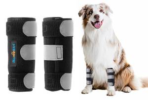 lot 51414 image: Bawektrl Dog Brace Front Leg Wrist Support, Canine Dog Carpal Brace Splint, Prevents Injuries and Sprains, Protects Carpus Joint Wounds Heals, Helps with Loss of Stability Caused by Arthritis(Pair) - Retail $17