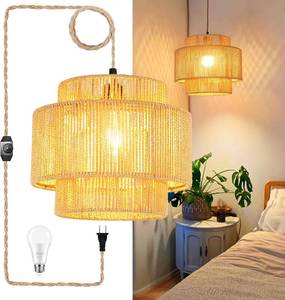 lot 59714 image: QIYIZM Plug in Pendant Light Hanging Lights with Plug in Cord Boho Hanging Lamp Dimmable,Rattan Wicker Woven Bamboo Lamp Shade, Plug in Ceiling Light Fixture for Living Room Bedroom Kitchen - Retail $40