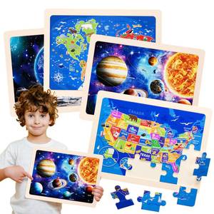 lot 59734 image: Jigsaw Puzzles Wooden Puzzles for Kids Ages 3-5 Preschool Educational Toddlers Toys United States Puzzle Space Universe World USA Map Earth Exploration Gifts for 3 4 5 6 Year Old Boys Girls 4 Packs
