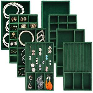 lot 59743 image: Afnkiom Jewelry Trays for Drawers, Set of 8 Stackable Velvet Jewelry Tray Inserts for Rings, Earrings, Necklaces, Bracelets Fits Most DresserCloset Drawers, Non Slip Lined, Green - Retail $20