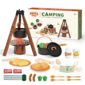 lot 59749 image: Kids Camping Toy Set, Pretend Play Cooking Set with Spray Stove, Food Toys, Tableware, Outdoor Toddler Campfire Toys for Ages 3 - Retail $24