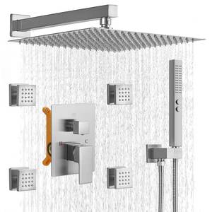 lot 63130 image: RUMOSE Rainfall Shower System with 4 Body Jets Wall Mounted 4 Mode Shower Faucet Set with 12 Inch Rain Shower Head and 2 in 1 Handheld Spray, Brushed Nickel Brass Shower Fixtures, Rough-in Valve - Retail $250