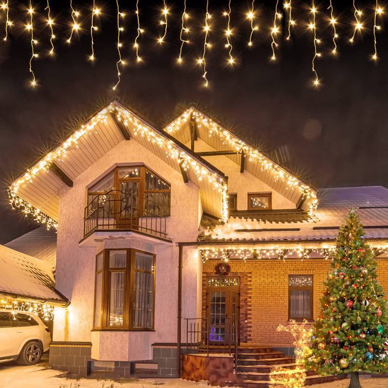 lot 26298 image: USOKYO Icicle Christmas Lights Outdoor, 480 LED 39FT Icicle String Lights with 96 Drops 8 Modes and Timer, Twinkle Icicle Fairy Lights for House Patio Bedroom Wedding (Warm White) - Retail $24