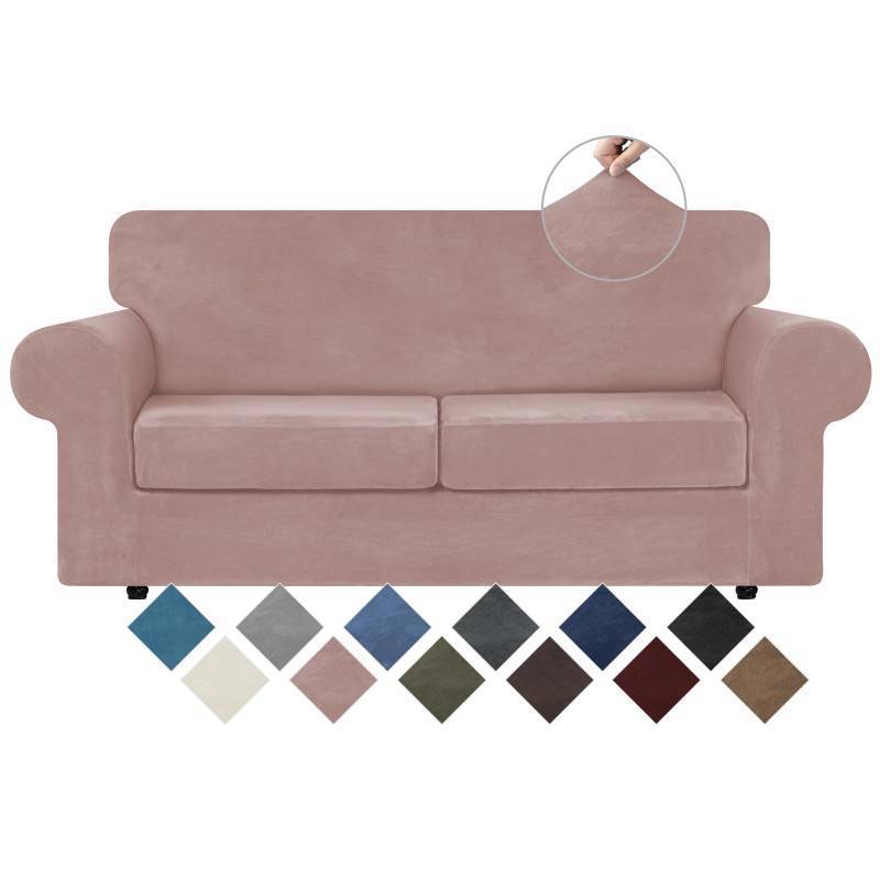 lot 26354 image: WEERRW Velvet Couch Covers for 2 Cushion Couch Sofa - High Stretch Luxury Velvet Plush 3 Pieces Sofa Slipcovers with Elastic Bottom, Furniture Protector for Pets, Machine Washable, Pink, Medium - Retail $42