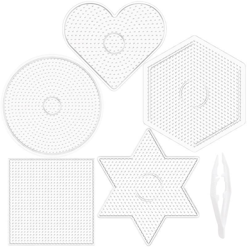 lot 32528 image: Darice Fuse Beads Pegboards 5pcs - 5mm Melty Beads Peg Board, Clear Plastic Boards Kit for Kids and Adults - 3 Square, Circle, Heart, Star, Hexagon - Retail $8