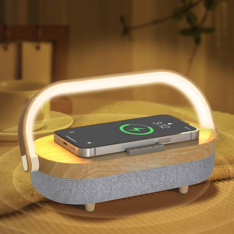 lot 32554 image: iGaur Nightstand Lamp with Wireless Charger,Unique Gifts for Women 4 in 1 Touch Bedside Lamp,Bluetooth Speaker Lamp,Portable Phone Holder,Dimmable LED Night Light Birthday Gifts for Her, Him, Mom,Dad (Missing Charging Cord) - Retail $60