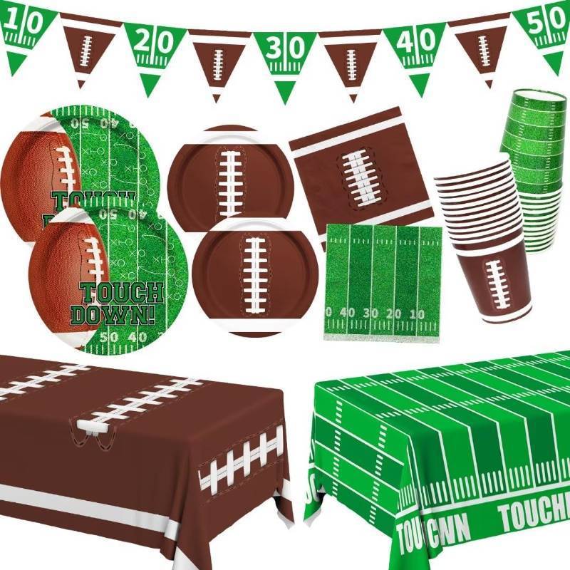 lot 51007 image: Gatherfun Football Party Supplies Kit Serve 24,Includes Dinner Plates, Dessert Napkins, Cups,Banner and Touchdown Tablecloth for Birthday Gameday Tailgate Decorations, Green (2023053002) - Retail $22