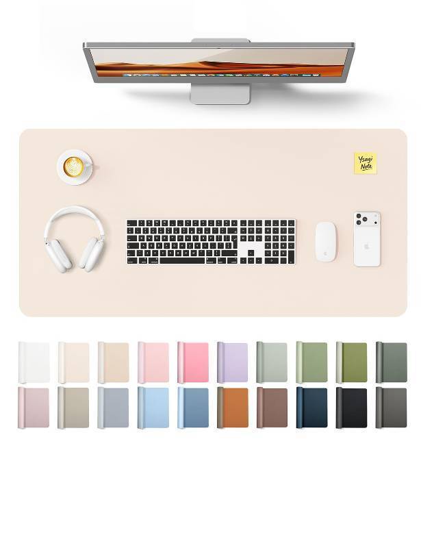 lot 51024 image: YSAGi Leather Desk Protector, Office Mat, Large Mouse Mat, Non-Slip PU Leather Blotter, Laptop Desk Mat, Waterproof Writing Pad for Office and Home (Cream, 31.5 x 15.8) - Retail $14