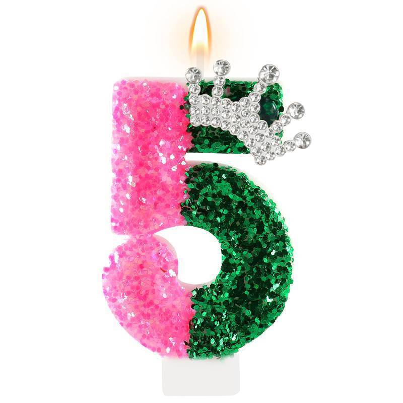 lot 51032 image: AKURIEEY Wicked Birthday Candle Crown Number 5 Candle Pink and Green 5th Birthday Cake Topper Cupcake Decorations Wicked Themed Party Decor Anniversary Celebrations Supplies - Retail $6