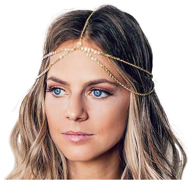 lot 51064 image: Yean Gold Head Chain Bohemian Hair Jewelry Headpiece Forehead Band Festival Hair Headband Accessories for Women and Girls (Gold) - Retail $9