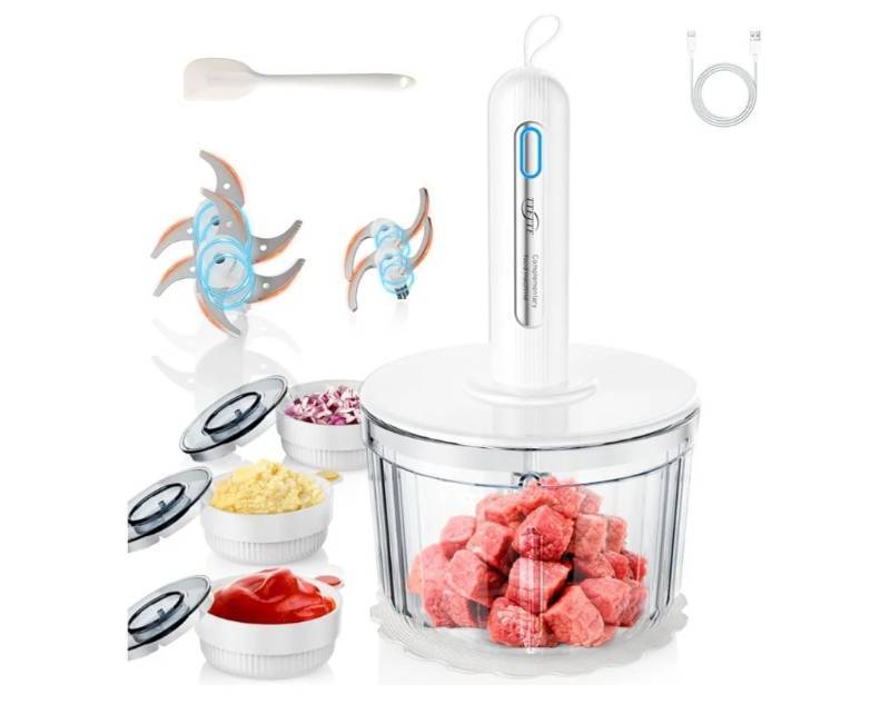 lot 59262 image: Glass Food Processor with 4 Blades & 4 Bowls (8 Cup  3x0.5 Cup), Small Food Processor& Meat Grinder - Compact Design for Meal Prep, Baby Food, Sauces - Dishwasher Safe