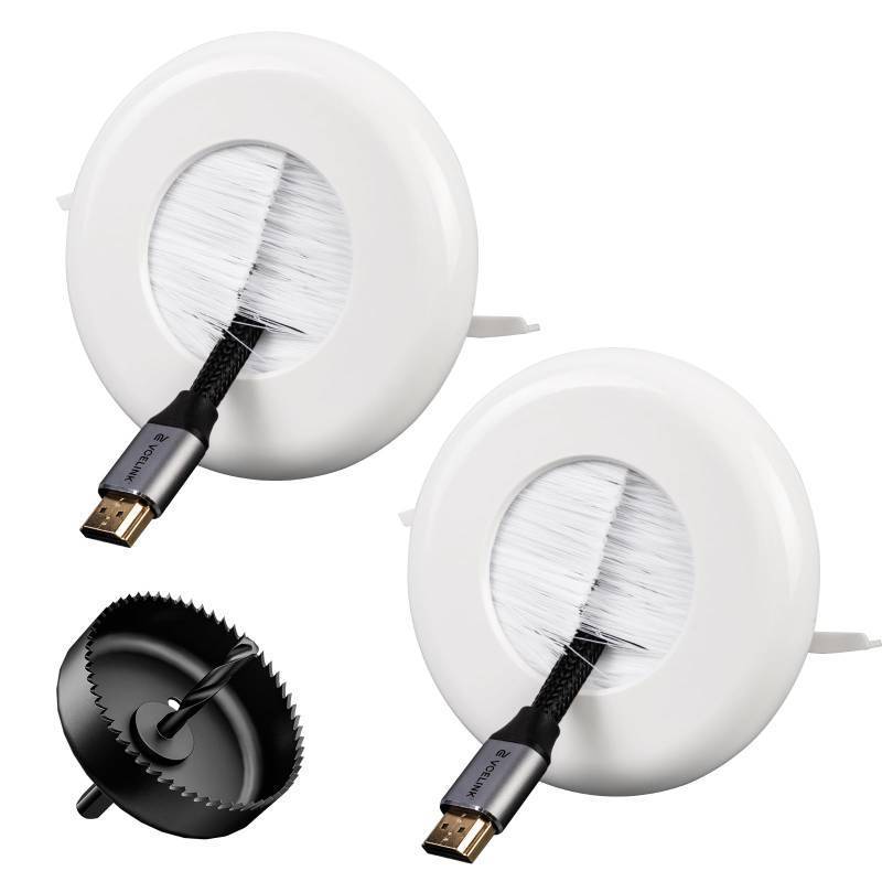 lot 59274 image: VCELINK Brush 3.79 (96 mm) in Wall Cable Management Kit, Cord Hider for Low Voltage Cables Pass Through, Includes Hole Saw Drill Attachment and Mounting Brackets for Easy Install, 2-Pack - Retail $14