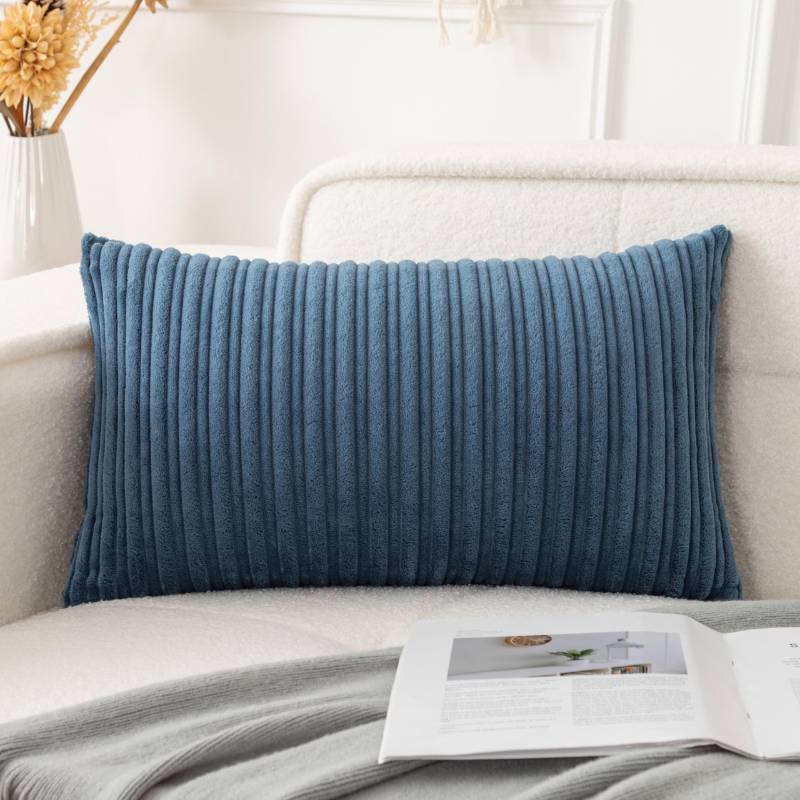 lot 59292 image: UGASA Velvet 12x20 Inch Lumbar Soft Throw Pillow Cover Boho Farmhouse Decorative Corduroy Striped Both Sides Solid Rectangular Cushion Case for Couch Bedroom Sofa Home, 1 Piece, Dusty Blue - Retail $10