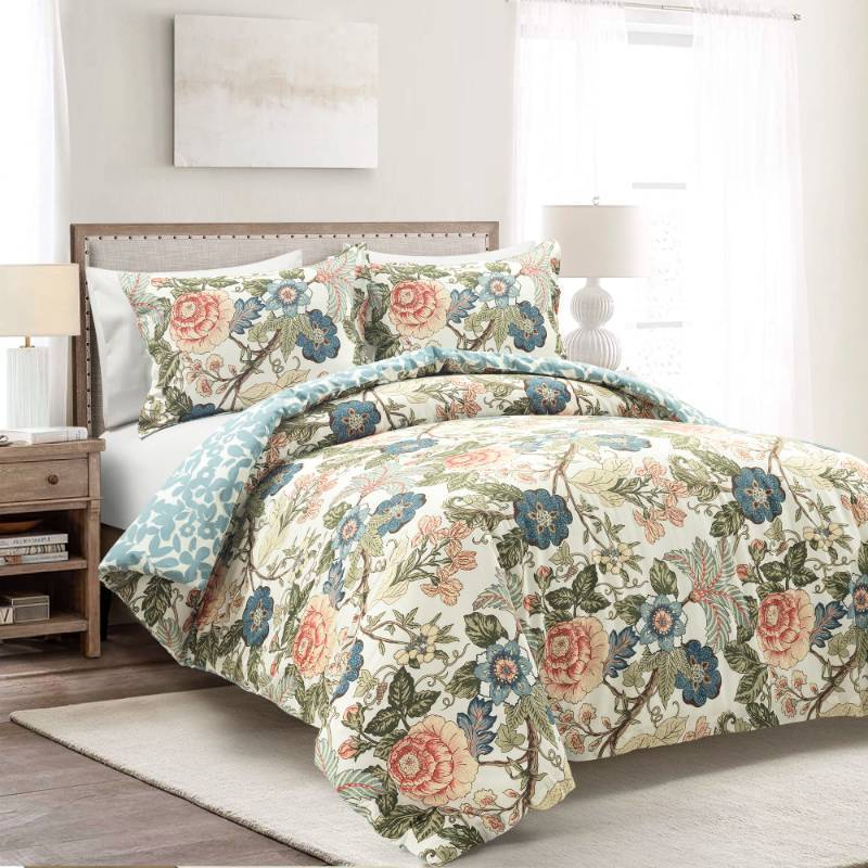 lot 59320 image: Lush Decor Sydney Reversible 100% Cotton Duvet Cover Set, 3 Piece Set, Full Queen, Green & Blue - Queen Bedding Set - Vintage, Cottage, Coquette Bedroom Decor(Design May Vary) - Retail $78
