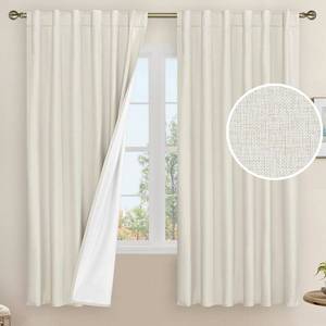 lot 49607 image: LAMIT 100% Blackout Natural Polyester Curtains, 63 Inches Linen Textured Thermal Bedroom Curtains Back Tab and Rod Pocket Neutral Panels with White Liner for Farmhouse, 2 Panels, 52 x 63 Inch, Ivory - Retail $20