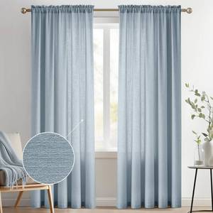 lot 49610 image: Melodieux Dusty Blue Semi Sheer Curtains 84 Inches Long for Living Room, Bedroom Linen Look Farmhouse Rod Pocket Shiny Sheer Curtain Drapes Light Filtering Home Office, 52 W x 84 L, 2 Panels - Retail $30