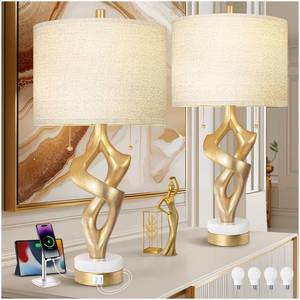lot 49633 image: Scenekoy Sculptural Table Lamp Set of 2 with USB Ports for Bedroom Living Room, 26 Gold Leaf Marble Base Bedside Lamps, Pull Chains Switch Modern Nightstand Lamp for Home Room Decor (Bulbs Included) - Retail $130