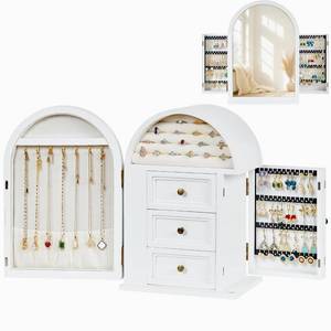 lot 49668 image: Poyilooo Jewelry Box, Solid Wood Jewelry Box Organizers and Storage Necklaces Rings Earrings Bracelets with Mirror & Drawers, Christmas Gifts for Women(White) - Retail $53