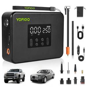 lot 49675 image: YOFIGO Tire Inflator Portable Air Compressor,160PSI Dual Power Electric Air Pump for Tire, Air Inflator in Auto Shut-Off, Digital Pressure Gauge Display for Truck, Cars, Motorcycles, Bikes & Balls - Retail $50