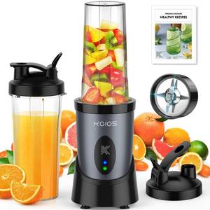 lot 49688 image: KOIOS Smoothie Blender, 900W Personal Blender for Shakes and Smoothies for Kitchen with 2 Portable Cups 22oz, Single Serve Smoothies Maker Mixer for Juices, Nutritious Recipe, Grey Blue - Retail $36