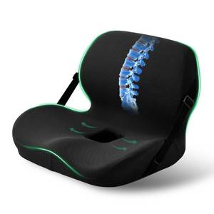 lot 49690 image: FuturaLoom Memory Foam L-Shaped Seat Cushion with Lumbar Support & Adjustable Strap - Tailbone Pain Relief for Office Chair, Car, Home - Non-Slip Bottom, Breathable Mesh Cover (Black) - Retail $45