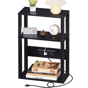 lot 49692 image: YUFAM 3-Tier Small Narrow Wood Side Table with Charging Station, Skinny Nightstand for Small Space, Slim Bedside Table with Storage for Couch, Thin End Table with USB Ports and Outlets, Black - Retail $30