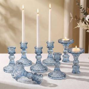 lot 49698 image: Simeitol Glass Candle Holder Set of 12, Blue Taper Candle Holders Bulk, Vintage Candlestick Holders, Candle Stick Holder for Table Centerpieces, Wedding, Festival & Home Decor - Retail $29