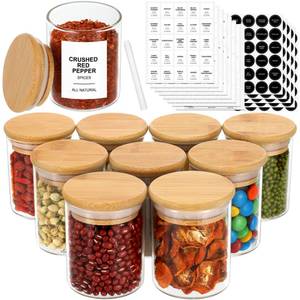 lot 51430 image: EgticHome 4OZ Glass Spice Jars with Bamboo Lids and 315 Labels, 10 Pcs Clear Food Storage Containers for Kitchen Sugar Salt Coffee Tea Beans - Retail $20