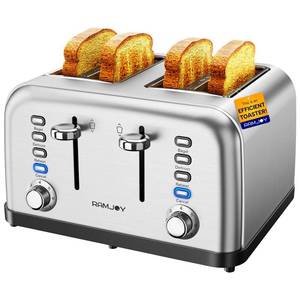 lot 51431 image: RAMJOY Toaster 4 Slice, Dual Independent Controls, Extra Wide Slot Toasters for Bagel, Bread, Waffles, 7 Shade Settings, 4 Main Functions, Removable Crumb Tray, 1500 Watts, Brushed Stainless Steel - Retail $69