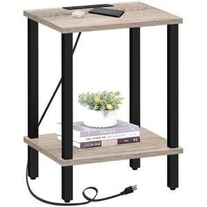 lot 51434 image: TUTOTAK End Table with Charging Station, Small Side Table with Outlets, Nightstand Bedside Table, 2-Tier Storage Shelf for Small Space, Living Room, Bedroom, Greige TB01BG040 - Retail $30