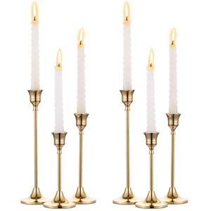 lot 51438 image: 2 Sets(6 Pcs) Brass Gold Metal Taper Candle Holders Candlestick Holders, Vintage Modern Decorative Centerpiece Candlestick Holders for Table Mantel Wedding Housewarming Gift - Retail $24