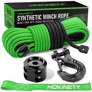 lot 51440 image: HOKINETY Synthetic Winch Rope Kit - 14 x 50 10000 lbs Kinetic Recovery Cable for ATV UTV Off-Road Vehicles with Forged Hook, Rubber Stopper, Protective Sleeve and Safety Pull Strap - Green - Retail $35