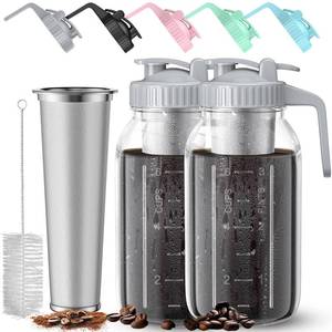 lot 51445 image: 2 Pack 64 oz Cold Brew Coffee Maker Jar - Glass Cold Brew Maker with Handle, Stainless Steel Filter&Leak-Proof Lid, Heavy Duty Cold Brew Pitcher for Iced Coffee, Tea, and Milk (2 Quart  1.9 Liter) - Retail $30
