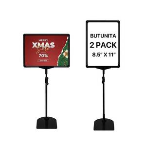lot 51457 image: BUTUNITA Sign Holder Stand, 8.5x11 Inch Adjustable Tabletop Sign Holder Floor Stand for Supermarket, Vertical&Horizontal View Displayed (Black,2Pcs) - Retail $28