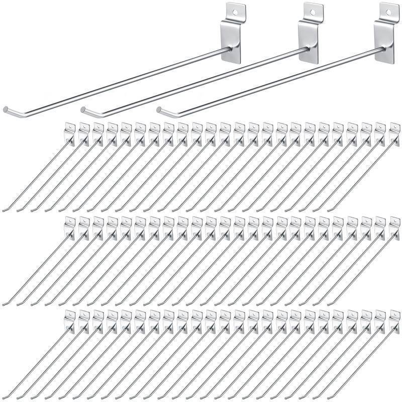 lot 25806 image: Moxweyeni 100 Pcs Heavy Duty Slatwall Panel Hooks Hanging Metal Slat Wall Hanging Hooks Silver Slat Wall Hanger Commercial Grade Slatwall Pegs Accessories for Shop Retail Display(10 Inch) - Retail $36