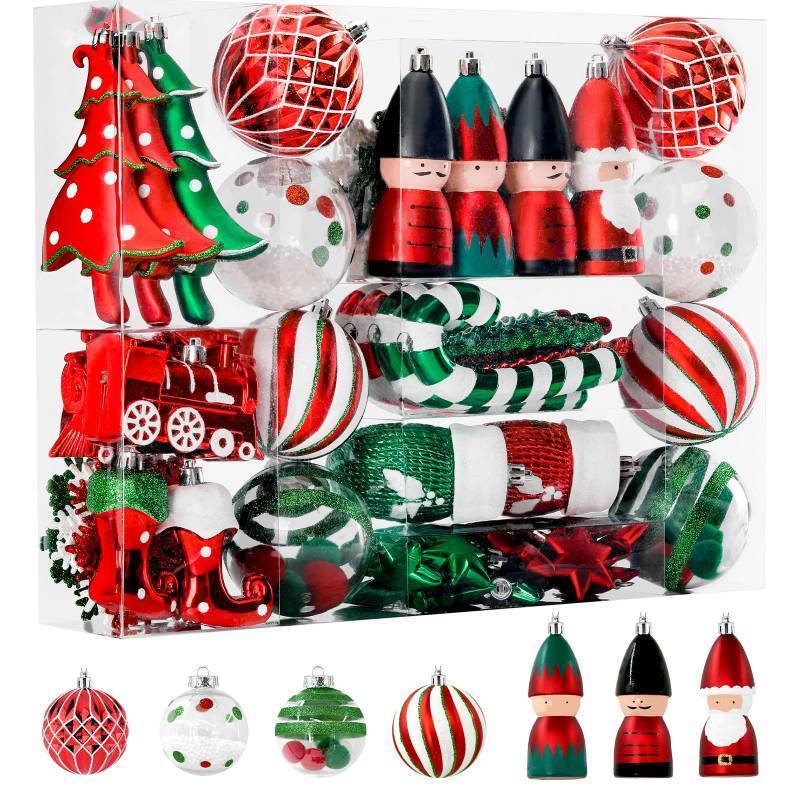 lot 26412 image: Alupssuc 95pcs Christmas Balls Ornaments Set, Shatterproof Plastic Baubles, Soldiers, Christmas Socks for Xmas Tree Holiday Wedding Party Decorations with Hanging Strings, White, Red and Green - Retail $20