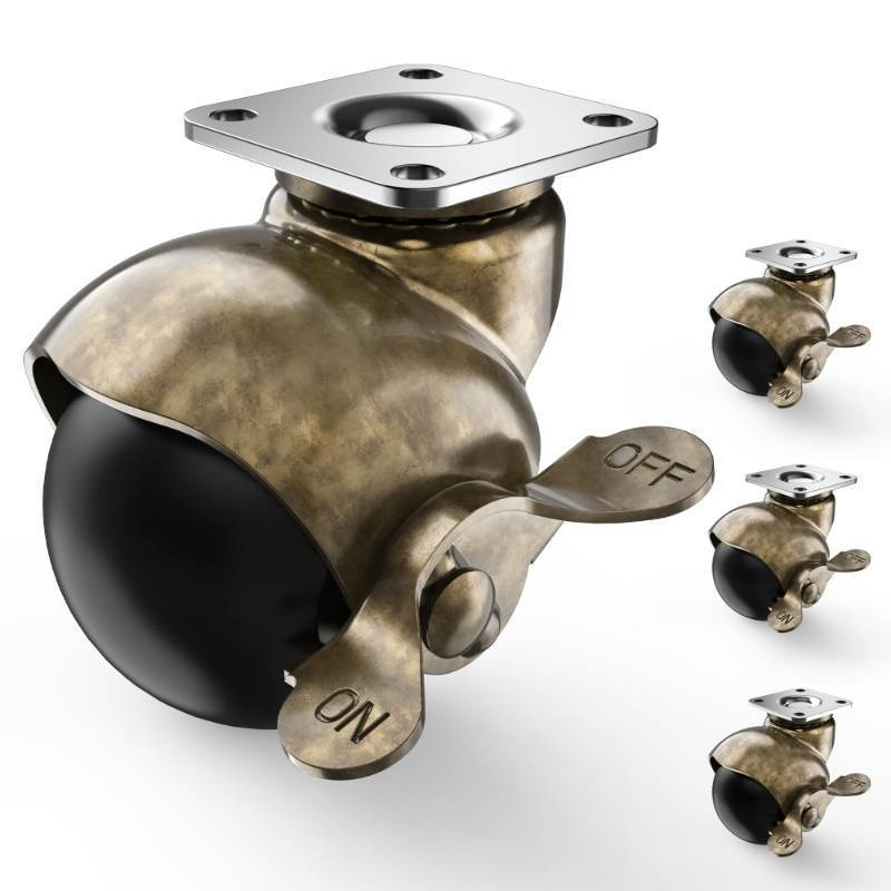 lot 26422 image: 2 Inch Antique Brass Ball Casters, Vintage Caster Wheels, Swivel Plate Caster with Brake, Set of 4 Furniture Wheels for Sofa, Coffee Table, Cabinet, Kitchen Cart - Retail $15