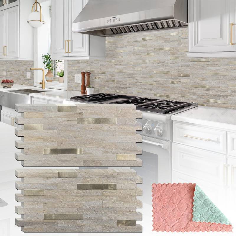 lot 26438 image: StyloVue 8 Sheets Kitchen Peel and Stick Backsplash Tiles, Beige with Metal Gold Look Stick on Backsplash for Kitchen, RV, Fireplace - Retail $50