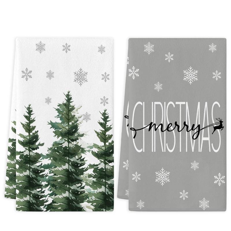 lot 32659 image: soheioue Merry Christmas Hand Towels Set of 2 Pine Trees Snowflake Bathroom Towel Xmas Gifts Farmhouse Decorations 18x26 Inch - Retail $13