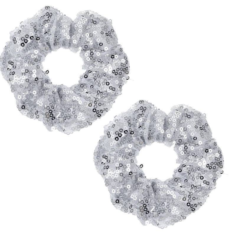 lot 40328 image: Silver Sequins Scrunchies 2 Pieces Sparkly Metallic Silver Hair Accessories Bridesmaid Proposal Gifts Hair Ties Ponytail Holders for 70s 80s Gym Dance Cheerleading Softball Volleyball Baseball Team - Retail $6