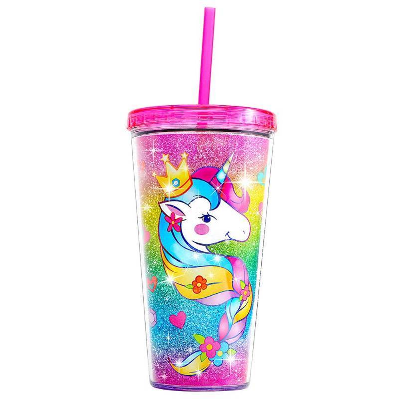 lot 49215 image: Home Tune Cute Glitter Tumbler Cups with Lid and Straw, Double Wall Insulated Acrylic Cup, 22 oz  650ml (Unicorn) - Retail $10