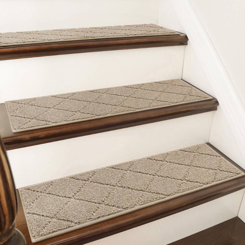 lot 49266 image: COSY HOMEER Edging Stair Treads Non-Slip Carpet Mat 28inX9in Indoor Stair Runners for Wooden Steps, Edging Stair Rugs for Kids and Dogs, 100% Polyester TPE Backing(4pc, Beige) - Retail $24