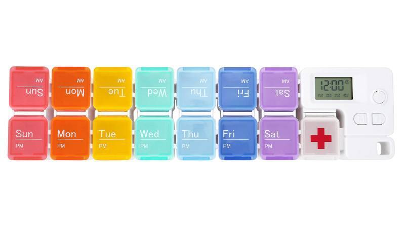 lot 49283 image: Pill Organizer with Medicine Reminder Alarm, Cozycabin Weekly Large Vitamin Box Organizer - AM PM Daily Travel Medication Box(Rainbow) 7 day  - Retail $16