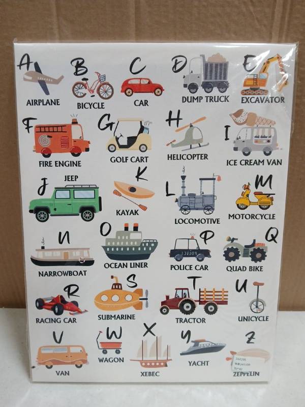 lot 21265 image: Framed Transport Alphabet Wall Art Construction Vehicle Learning Poster 12 x 16in