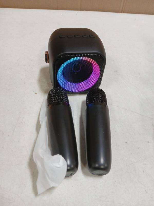 lot 21284 image: Mini Karaoke Machine, Portable Bluetooth Karaoke Speaker with 2 Wireless Microphones and Party Lights for Kids and Adults, Birthday Gifts for Girls Boys Family Home Party - Retail $22