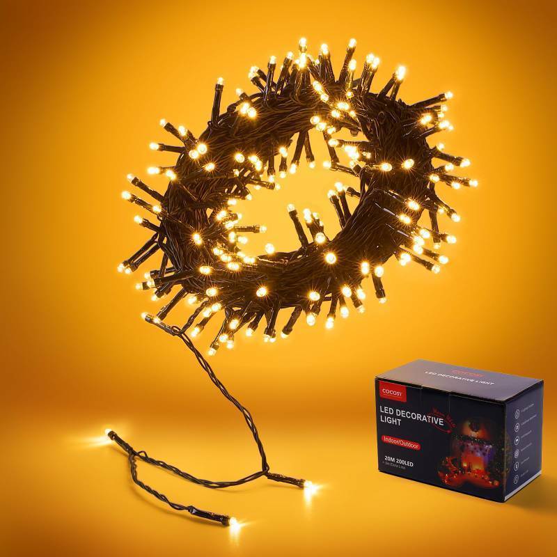 lot 25765 image: COCOSY Plug in 66FT 200 LED Fairy Christmas Tree String Lights 31V8 ModesTimerMemoryIP44 Waterproof for Xmas Indoor Outdoor Bedroom Wedding Holiday Decorative (Warm White, 66FT 200LED) - Retail $14